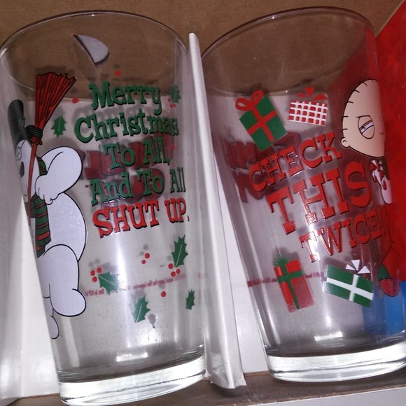 Family Guy Christmas Pint Glass 4 Pack Set Cartoon Gift Stewie 6" Tall Preowned - Picture 7 of 10